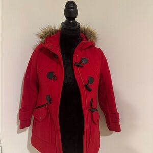 Girls Red Toggle Coat with Faux Fur Hood